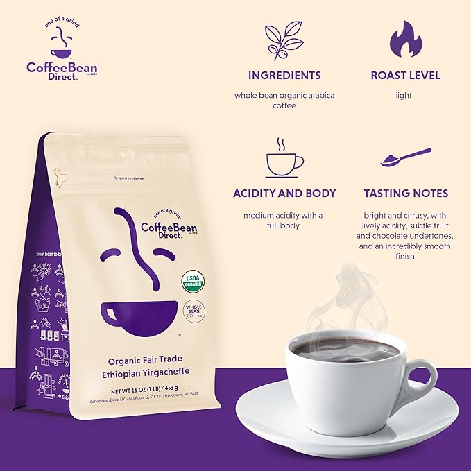 Coffee Bean Direct Organic Fair Trade Ethiopian Yirgacheffe Whole Bean Coffee Light Roast 1 Pound Bag (Pack of 1)