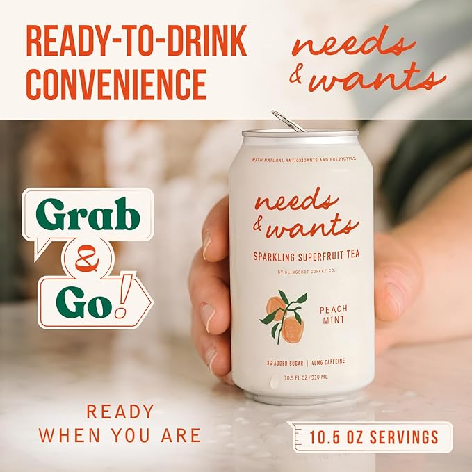 Needs &amp Wants Sparkling Tea - Peach Mint 10.5oz Cans (12 Pack) | Organic Superfruit Tea with Cascara Sweet Peach &amp Cooling Mint Lightly Sweet with Refreshing Summer Flavor and Natural Caffe