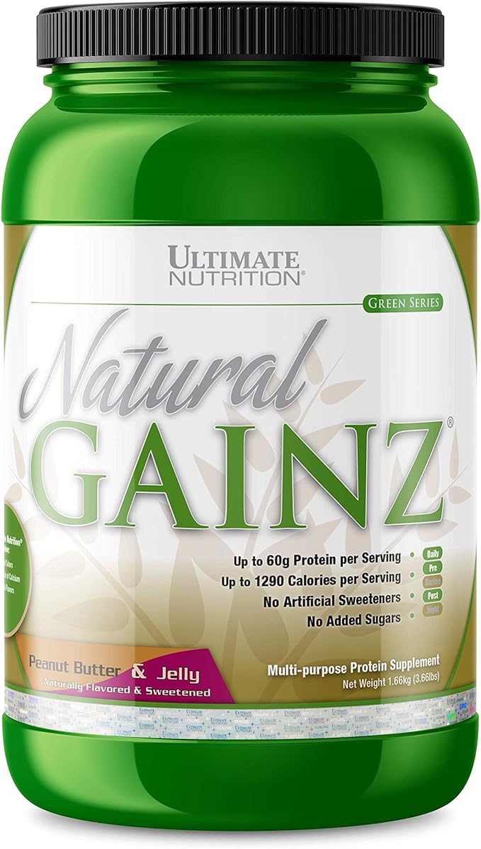Ultimate Nutrition Natural Gainz Whey Protein Powder - Natural Gainer Protein with Micellar Casein and Milk Protein Peanut Butter and Jelly 3.6 Pounds