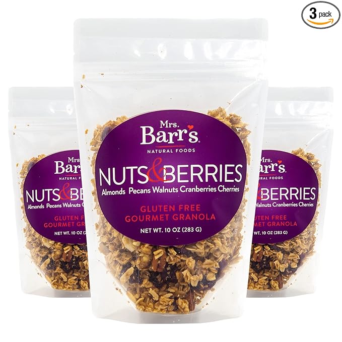 Mrs. Barr’s Natural Foods Granola | Nuts &amp Berries | Certified Organic Gluten Free Oats | Soft Texture | Small Batch | Gourmet Quality | Real Ingredients | 10 Ounces (3 Pack)