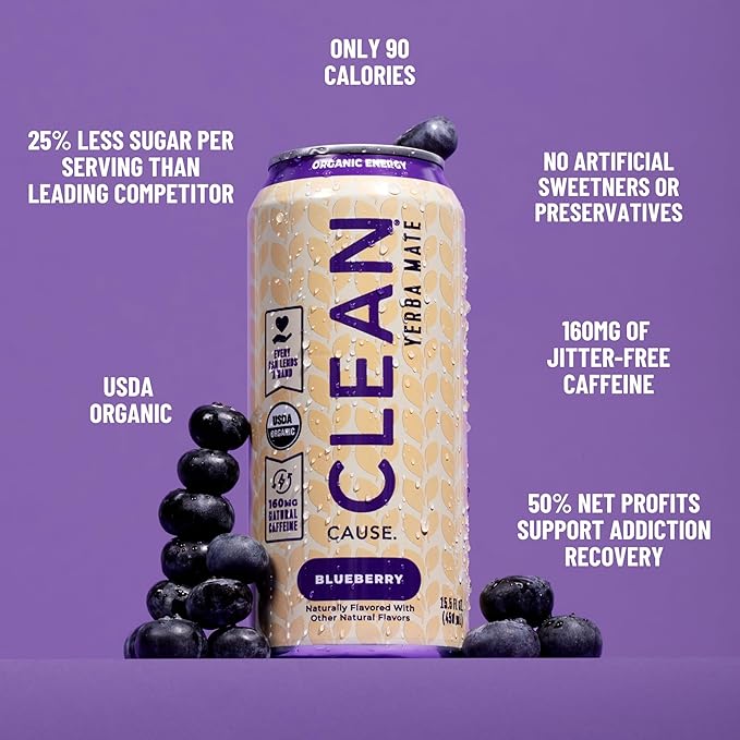 CLEAN Cause Blueberry Yerba Mate Tea Non-Carbonated USDA Organic Energy Drink Alternative Low Sugar 160mg Natural Caffeine Soda Alternative Plant-Based (15.5oz cans 12-Pack Case)
