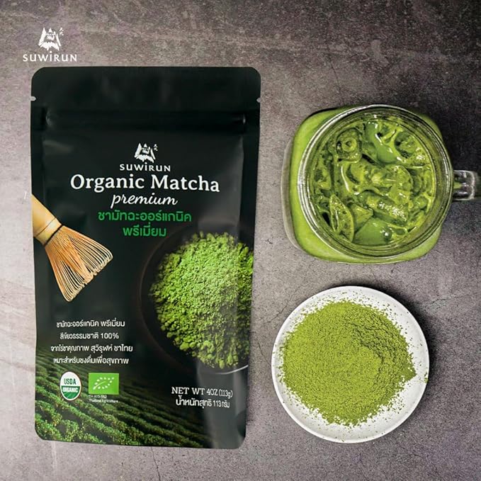Suwirun Organic Pure Matcha Powder 4oz – Authentic Japanese Green Tea – Unsweetened Umami-Rich Superfood – Perfect for Lattes Baking &amp Smoothies