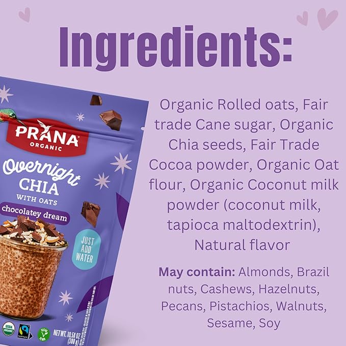 Prana Organic Overnight Chia with Oats Chocolatey Dream | Rich in Fiber &amp Protein Vegan Non-GMO | Fairtrade Chia Pudding - 10.58 oz - 6 Pack