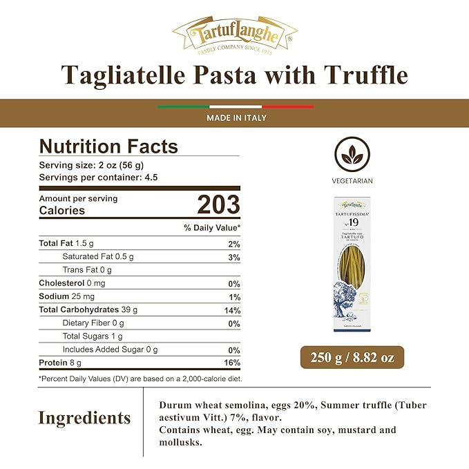 TartufLanghe Tartufissima N°19 Tagliatelle Pasta With Black Truffle – Authentic Imported Italian Wide Egg Noodles Egg Pasta for Truffle Dishes Gourmet Specialty From Italy - 8.81 oz (Pack of 1)