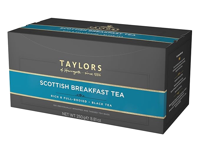 Taylors of Harrogate Scottish Breakfast Black Tea Individually Wrapped Bags 100 Count (Pack of 1) Strong malty and full Caffeinated Enjoy Hot or Iced 100 Teabags