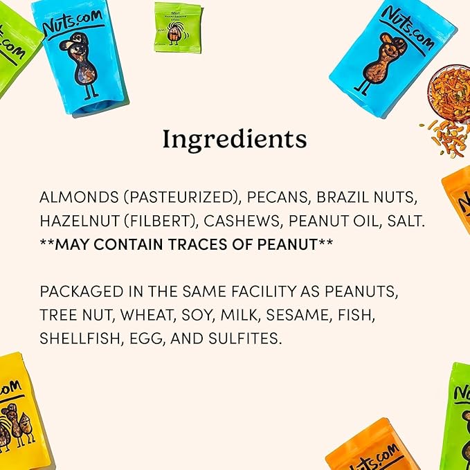 Nuts.com Roasted Mixed Nuts (50% Less Salt) – 24 Single Serve Snack Packs – Almonds Cashews Pecans Brazil Nuts Hazelnuts – Gluten-Free Kosher No Peanuts – Healthy Low Sodium Protein Snack