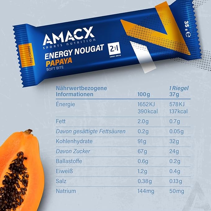 AMACX Energy Nougat Bar for Endurance Athletes – 12 x 37g – Healthy Snacks Fruit and Nut Bars – Sports Nutrition Power Bars – 2:1 Carbohydrates (32g) – Dairy- and Gluten-Free Snack Bars – Papaya