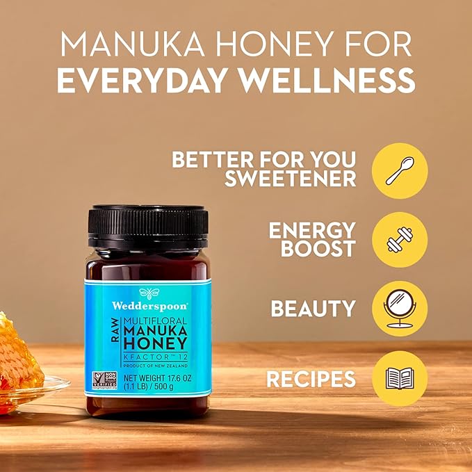Wedderspoon Raw Premium Manuka Honey KFactor 12 8.8 Oz Unpasteurized Genuine New Zealand Honey Non-GMO Superfood Traceable from Our Hives to Your Home