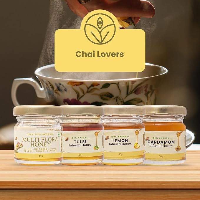 Shiva Organic Honey Tasters - For Chai Lovers Pack | 4 Flavors x 50g Each | Total 200g | Elevate Your Chai Experience with Pure and Natural Honey