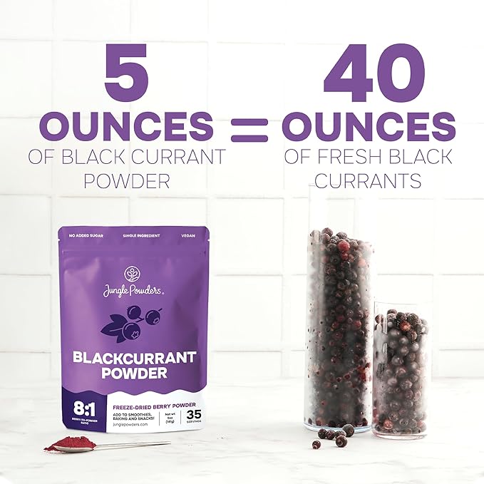 Jungle Powders Black Currant Powder 5 Ounce Bag - Natural Freeze Dried Black Currants for Recovery - Dehydrated Fruit Rich In Anthocyanins &amp Polyphenols Blackcurrant Extract for Smoothies Tea Ba