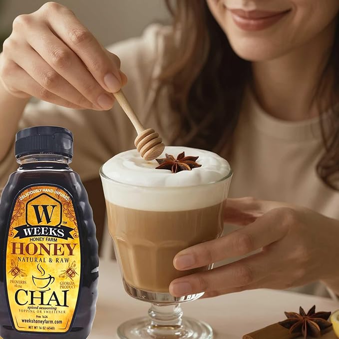 Weeks Chai Honey – Raw Infused Spicy Chai Honey with Brazilian Pepper Gluten-Free Sweetener &amp Topping for Teas Coffees Lattes Ice Cream &amp Desserts – 16 oz Jar