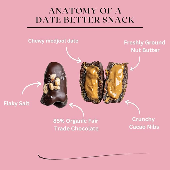 Date Better Peanut Butter Crunch Stuffed Medjool Dates - Dark Chocolate-Covered Dates Filled With Crunchy Peanut Butter &amp Cacao Nibs | No Artificial Sweeteners Gluten-Free &amp Vegan (6-Pack)
