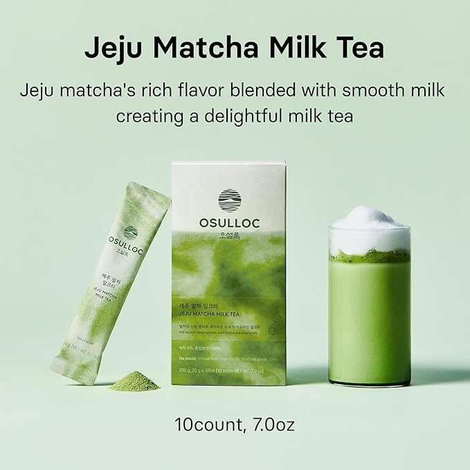 OSULLOC Jeju Matcha Milk Tea (7oz X 10 Packets) Easy on-the-go Stick type Powder Blended tea Deep flavored matcha &amp creamy milk