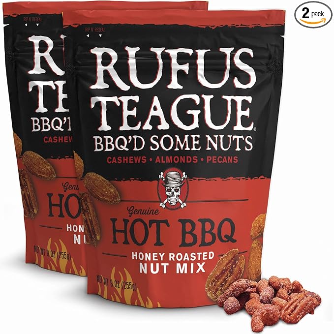 Rufus Teague Hot BBQ Honey Roasted Nuts Mix Sweet &amp Spicy Almonds Cashews &amp Pecans 9 oz Resealable Pouch (No Peanuts) 2 Pack