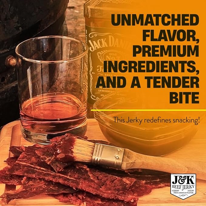 J&ampK Whiskey BBQ Beef Jerky - Small Batch American Made Slab Beef Jerky Spicy and Savory Snack with a Kick - Bold &amp Flavorful Snack! - 7oz Big Bag