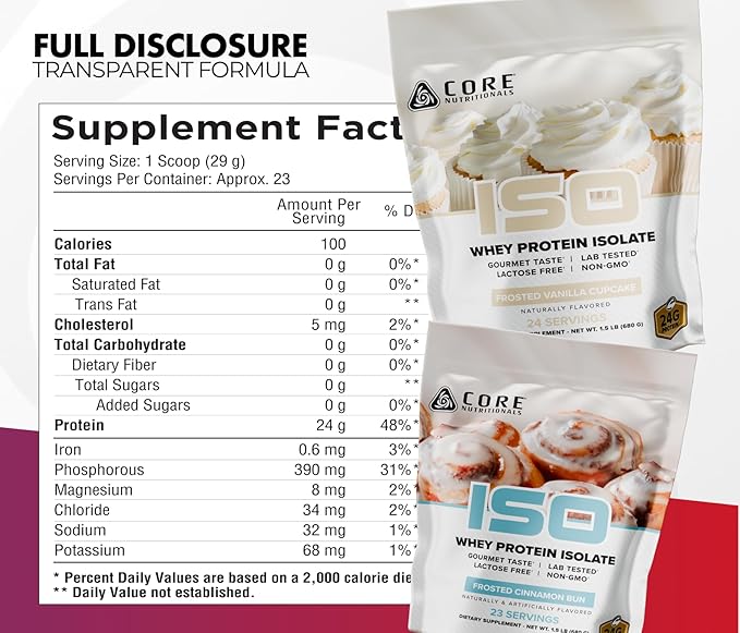 Core Nutritionals ISO Whey Protein Isolate | High-Purity Protein from Whey Isolate | Lean Muscle &amp Recovery Support | 32 Servings (Frosted Vanilla Cupcake)