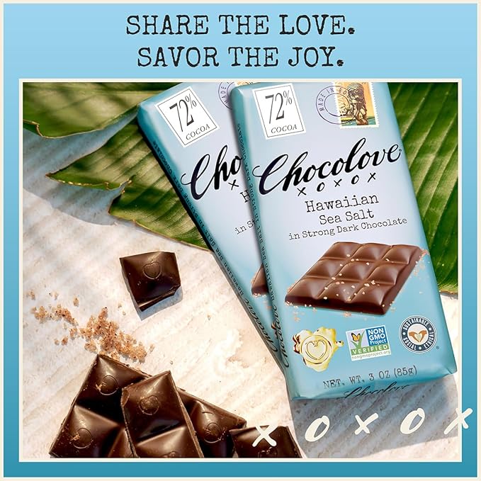 Chocolove Hawaiian Sea Salt Dark Chocolate Bars | 72% Cocoa | Rich and Intense Flavor | Made with Premium Chocolate | Non-GMO &amp Gluten-Free 3.2 oz Bar (12 Pack)