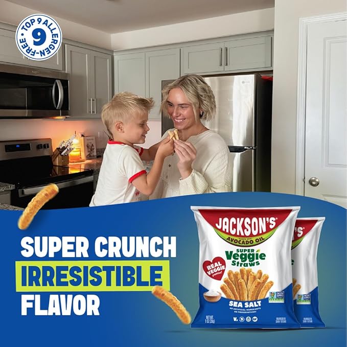 Jackson’s Super Veggie Straws™ (Sea Salt 1 oz Pack of 18) – Gluten Free Vegan Snacks for Kids &amp Adults – Made with Premium Avocado Oil – Allergen-friendly Veggie Straws Individual Bags