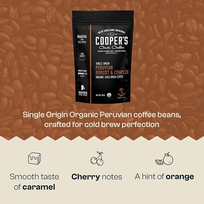 Peruvian Organic Cold Brew Coffee Single Origin &amp Gourmet Beans Tasting Notes Of Caramel With A Touch of Cherry &amp Orange Medium Roast Coarse Ground Beans 1 lb Coffee Bag