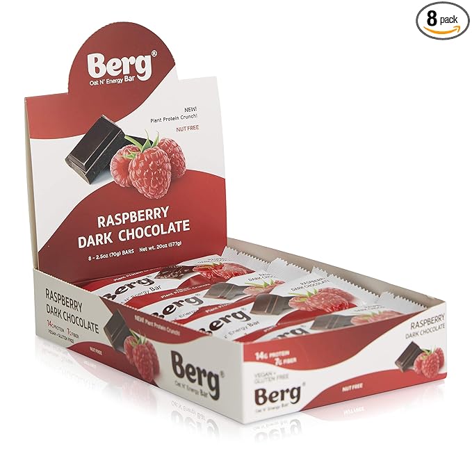 Berg Oat N' Energy Bar | Raspberry Dark Chocolate | Plant Based Protein Bar | Non-GMO Gluten Free Nut Free and Vegan | Low Sugar Healthy Snack Bar | High Fiber | On The Go | 2.5oz (8 Packs)