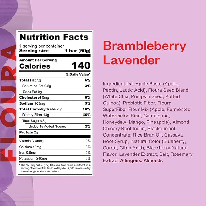 Floura Brambleberry Lavender Fruit-Forward Fiber Bars– High Fiber Vegan Gluten &amp Dairy Free Low Calorie Healthy Snack Bars with Upcycled Produce for Gut Health [10 Pack]