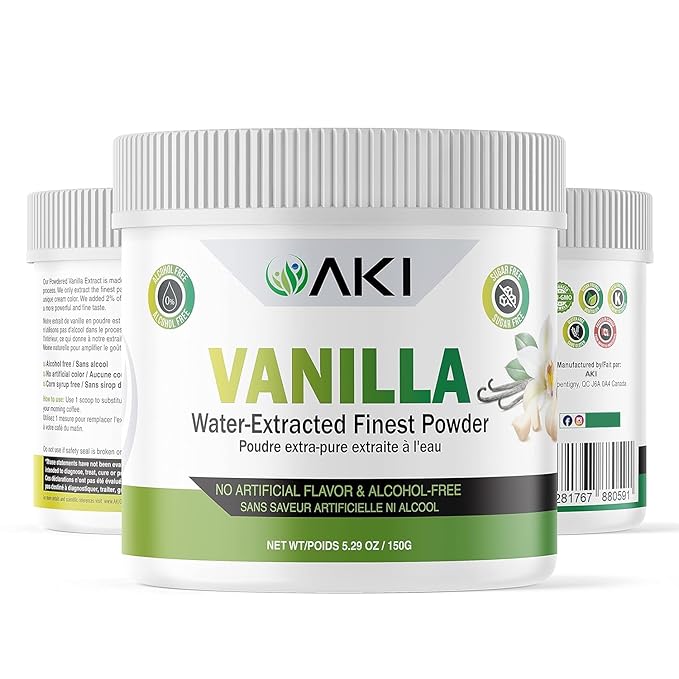 Aki Fine Vanilla Powder Extract From Beans (5.29oz/150g) - Water Extracted Powder Ideal For Baking Cooking Flavoring - Delicious Vanilla Flavor &amp Easy to Add in Smoothies &amp Coffee Non-GMO &a
