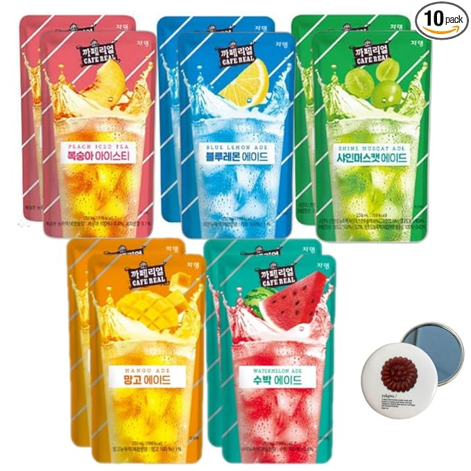 Korean Covenienve Store Drink Pouch Sampler Set - 5 PACK 10 PACK (mango watermelon blue lemonade peach ice tea shine muscat) + dalgaru yakgwa mirror (ADE 10 PACK)
