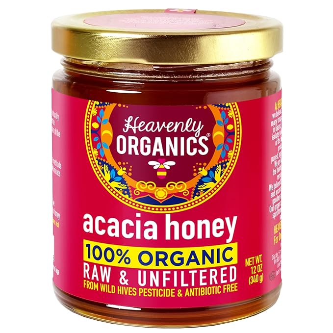 Heavenly Organics 100% Organic Raw Acacia Honey 2 Pack - Size 12Oz/jar Lightly Filtered to Preserve Vitamins Minerals and Enzymes Made from Wild Beehives &amp Free Range Bees Dairy Nut Gluten Fr