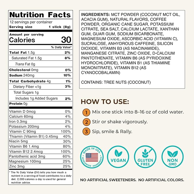 Rally Reset Instant Coffee Packets – Salted Caramel Latte Mix with MCT Oil Caffeine Vitamin B12 &amp Vitamin C – Functional Single-Serve Coffee Sticks Low Sugar | 24 Sticks