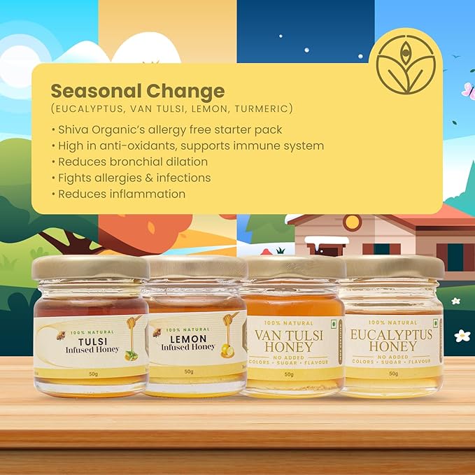 Shiva Organic Honey Tasters - Fight Seasonal Change Pack 4 | Flavors x 50g Each | Total 200g | Natural Immunity Boosters for Every Season