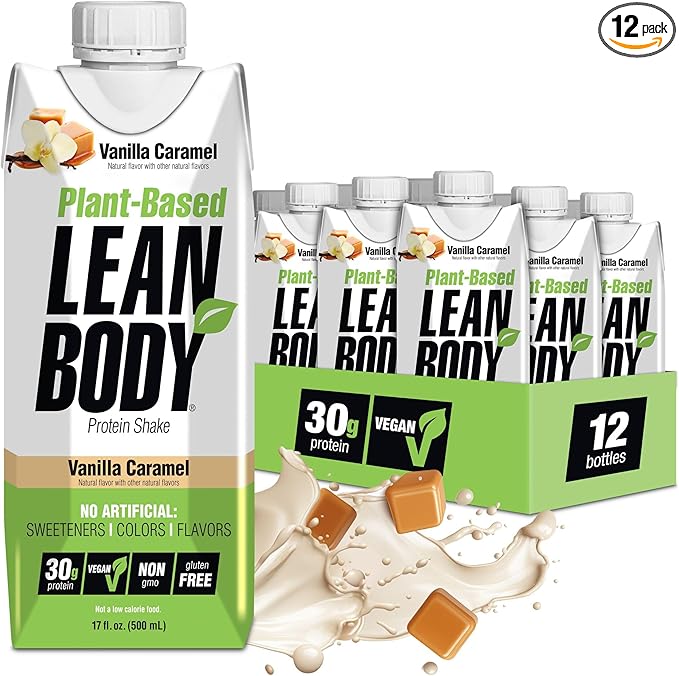 Lean Body Ready-to-Drink Plant-Based Vegan Vanilla Caramel Protein Shake 30g Protein No Artificial Flavors Sweeteners or Colors Non GMO Gluten Free Premium Pea &amp Rice Blend (Pack of 12)