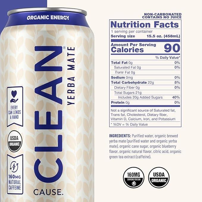 CLEAN Cause Blueberry Yerba Mate Tea Non-Carbonated USDA Organic Energy Drink Alternative Low Sugar 160mg Natural Caffeine Soda Alternative Plant-Based (15.5oz cans 12-Pack Case)