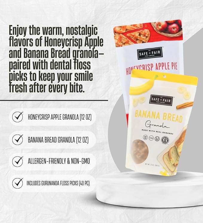 The Safe And Fair Food Company Granola Honeycrisp Apple 12 oz Granola Banana Bread 12 oz Bundle with Dental Floss – Allergen-Free Plant-Based with Clean Ingredients – Gift Set (3 Items)