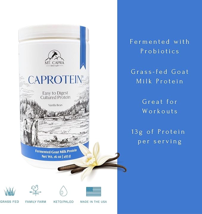 Mt. Capra Caprotein | Casein Protein Concentrate Fermented Goat Milk Protein from Grass-Fed Pastured Goats Extremely Easy to Digest | Vanilla Bean | 23 Servings - 16 oz