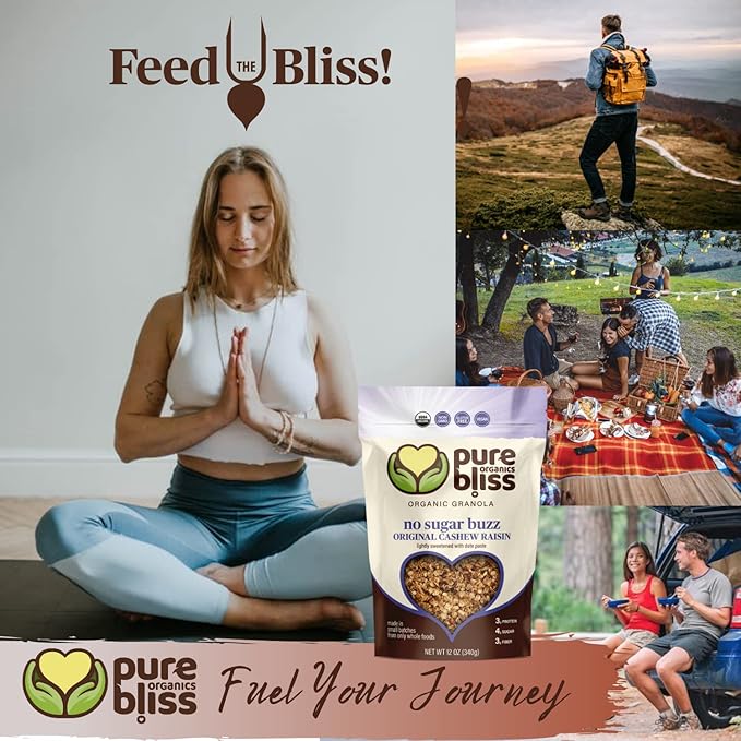 Pure Bliss Organics No Sugar Buzz Cashew Raisin Granola Certified Organic and Gluten Free Vegan Non GMO Low Glycemic Low Sugar Alternative Date Sweetened only Small Batch Artisan Granola Cereal