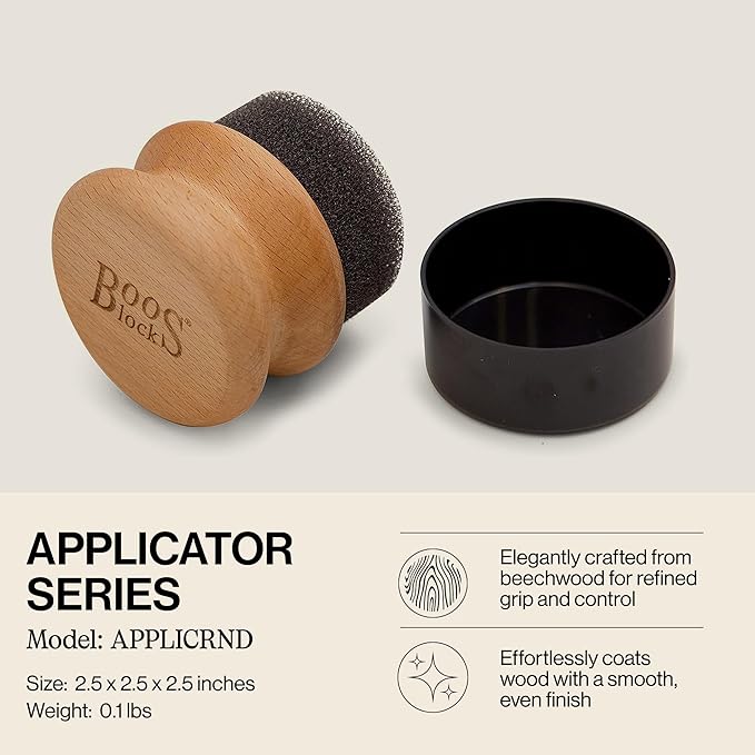 John Boos Oil &amp Cream Round Applicator for Wood Cutting Boards Butcher Blocks &amp Utensils Beechwood - Solid Hardwood Handle Silver Ion-Treated Sponge Storage Cap Easy and Even Application