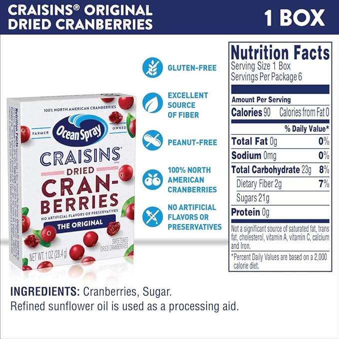 Ocean Spray Craisins Dried Cranberries Original Brick Pack 1 Ounce (Pack of 12)