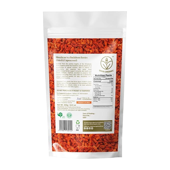 Shiva Organic Sea Buckthorn Berries Dried Whole Himalayan Sourced USDA Certified Organic Vegan Sun Dried No Additives (8.81 oz (250 g))