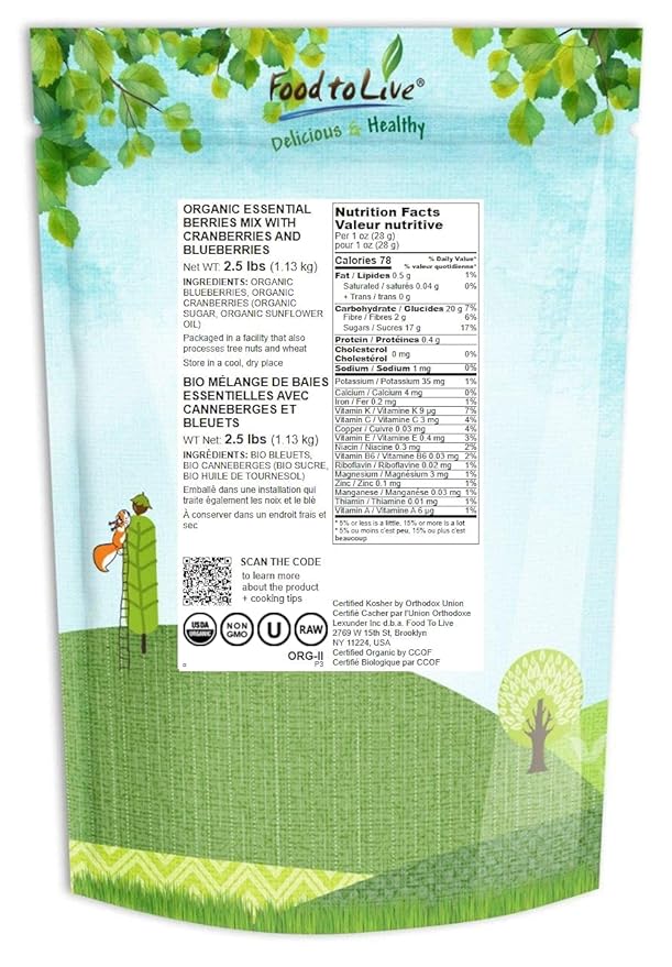 Food to Live Organic Essential Berries Mix 2.5 Pounds Non-GMO Dried Blueberries and Cranberries. Unsulfured Kosher. Gently sweetened. Lightly Coated with Organic Sunflower Oil. Vegan Bulk