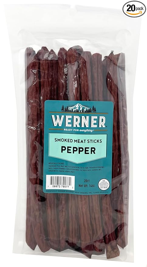 Werner Pepper Smoked Meat Sticks - 20 Pork and Beef Sticks Bulk Pepper Meat Snacks 14 Ounce (20 Individual Sticks 9 Sticks)