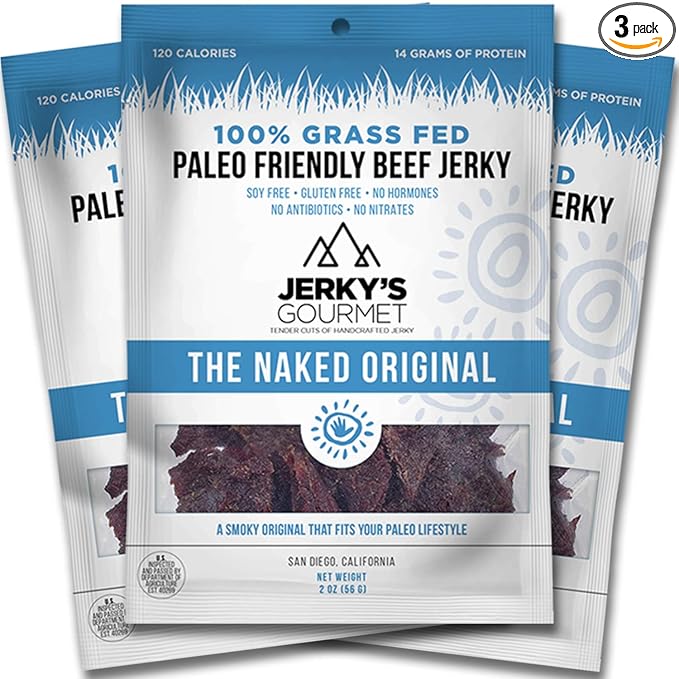 Naked Grass Fed Beef Jerky - 120 Calorie Snacks Gourmet Healthy Low Carb High Protein - Keto Friendly Paleo Friendly Soy Free &amp Gluten Free (3 Packs)