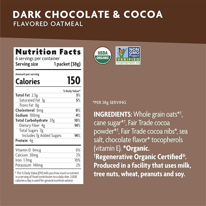 Nature's Path Organic Regenerative Organic Certified Dark Chocolate &amp Cocoa Instant Oatmeal 8 oz (Pack of 6) Non-GMO Fair Trade