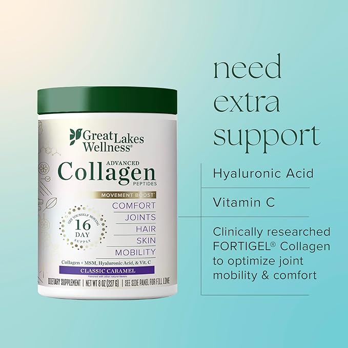 Great Lakes Wellness Movement Boost Advanced Collagen Peptides Powder with MSM Hyaluronic Acid Vitamin C - Joint Mobility &amp Comfort - Caramel Flavored - Non-GMO Keto Kosher - 8 oz
