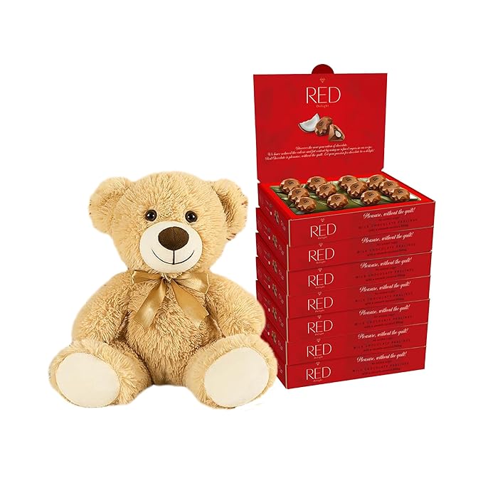 RED Delight®™ Milk Chocolate Diamond Truffles - with Coconut Filling (7 Boxes (4.66 OZ EACH) + 14 Plush Teddy Bear)