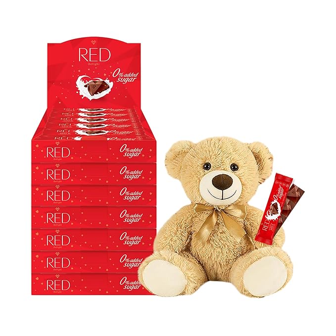 RED Delight®™ Milk Chocolate 12 Count Box of Grab N Go Travel Size Bars (0.92 Ounces Each) with a 14 Plush Teddy Bear (7 Boxes - Total of 84 Bars + 14 Plush Teddy Bear)