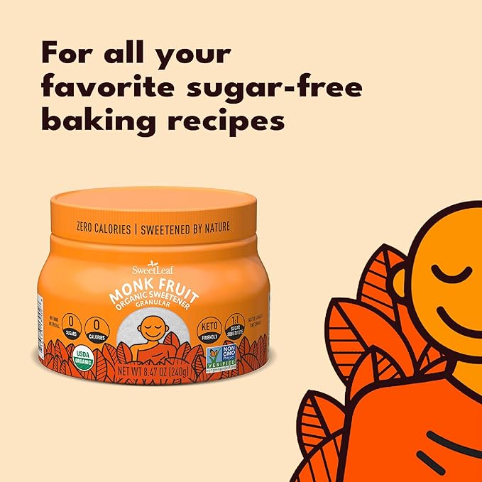 SweetLeaf Organic Monk Fruit Sweetener Granular - Keto Friendly Natural Sugar Substitute for Coffee Tea and Baking Zero Calorie Organic Monk Fruit Non GMO Sugar Free - 8.47 Oz Jar (Pack of 6)