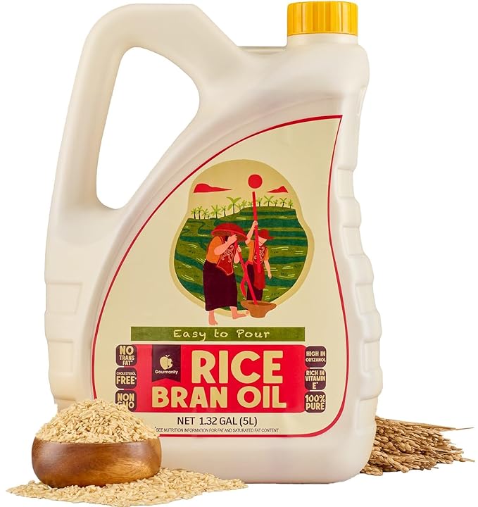 Gourmanity Rice Bran Oil Bulk 1.32 Gallon Easy Pour Bottle Heart Healthy Oil Made From 100% Pure Rice Bran Perfect for Cooking Frying &amp Skincare Non GMO Halal Kosher (169 fl oz/1.32 gal)