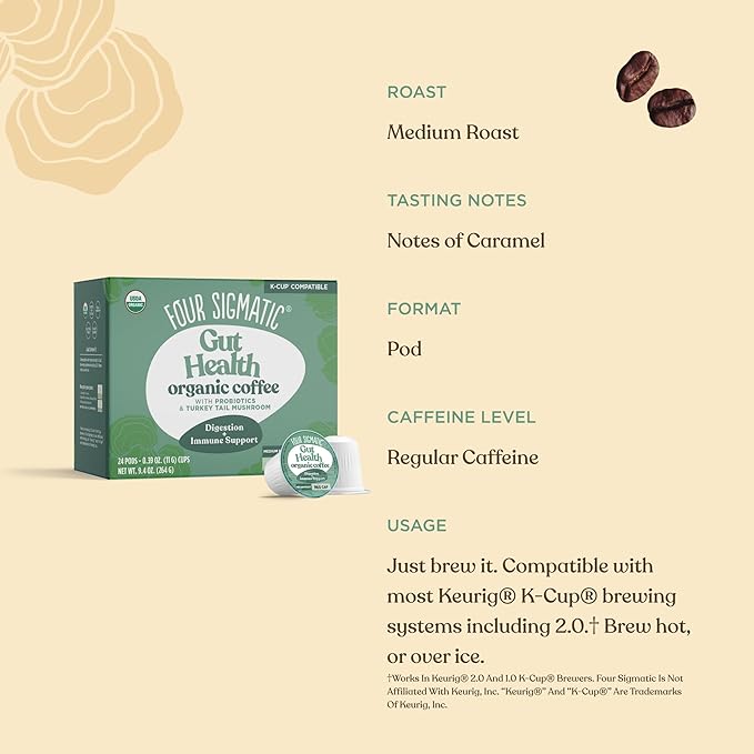 Four Sigmatic Gut Health Organic Coffee Pods | Medium Roast Probiotic K Cups with Chaga and Turkey Tail | Immune Boosting Probiotic Mushroom Coffee K Cups for Gut Health and Immune Support | 24 Count