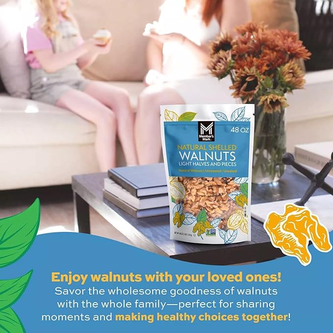 Member Mark Natural Shelled Walnuts 3 lbs | Fresh Unsalted Raw Walnuts | Resealable Bag | Heart-Healthy Snack for Baking Cooking &amp Everyday Nutrition - Bulk Disc