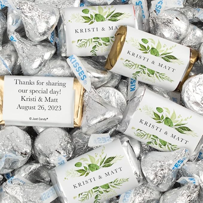 124 Pcs Personalized Wedding Candy Party Favors Botanical Wrapped Hershey's Miniatures and Hershey's Kisses (1.52 lbs) for Wedding Favors Bridal Shower Candy Rehearsal Dinner Souvenirs and Buffets